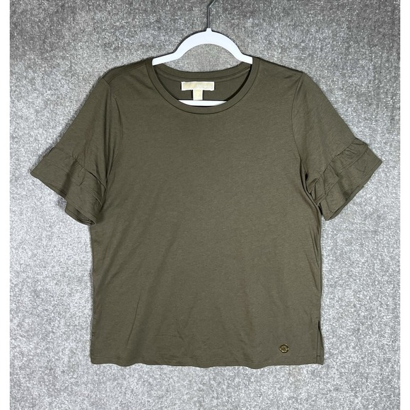 MICHAEL‎ Michael Kors Top Womens Size Medium Olive Green Tiered Ruffle Cuffs - Picture 1 of 7